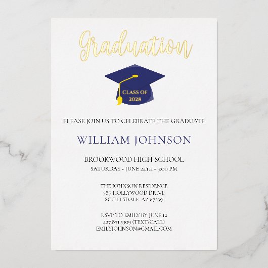Blue Gold Graduation Cap & Tassel Folie Invitation Folie Uitnodiging (Voorkant)