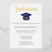 Blue Gold Graduation Cap & Tassel Folie Invitation Uitnodiging (Voorkant)