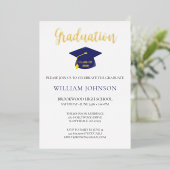 Blue Gold Graduation Cap & Tassel Folie Invitation Uitnodiging (Staand Voorkant)