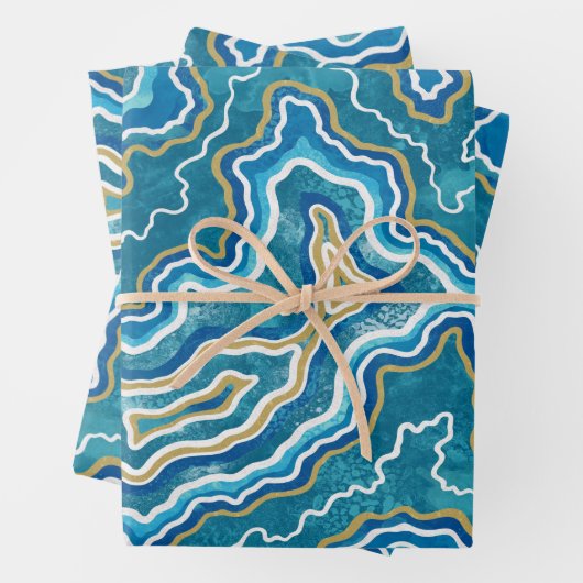 Blue Gold Graphic Agate Inpakpapier Vel (In situ)