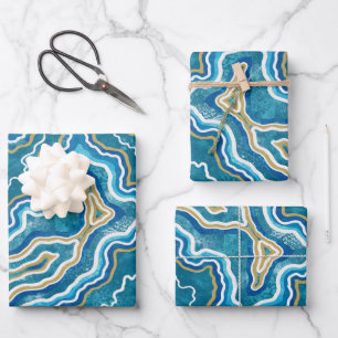 Blue Gold Graphic Agate Inpakpapier Vel