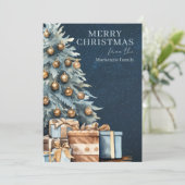 Blue Gold Green Christmas Tree Photo Personalized Feestdagenkaart (Staand voorkant)