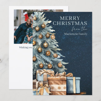 Blue Gold Green Christmas Tree Photo Personalized Feestdagenkaart