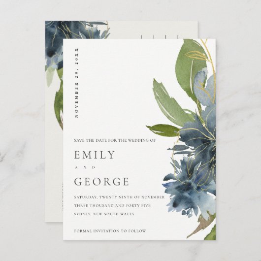 BLUE GOLD GREEN FLORAL WATERVERF BEWAREN DE DATUM AANKONDIGINGSKAART (Voorkant / Achterkant)