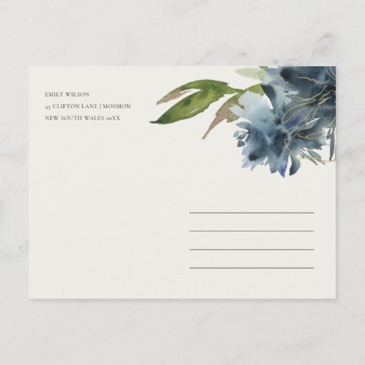 BLUE GOLD GREEN FLORAL WATERVERF BEWAREN DE DATUM AANKONDIGINGSKAART (Achterkant)