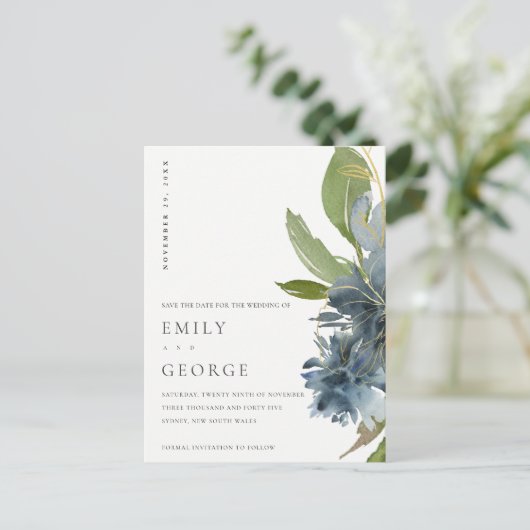 BLUE GOLD GREEN FLORAL WATERVERF BEWAREN DE DATUM AANKONDIGINGSKAART (Staand voorkant)