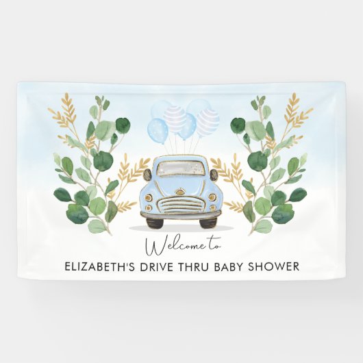 Blue Gold Greenery Drive by Baby shower Welkom Spandoek (Horizontaal)