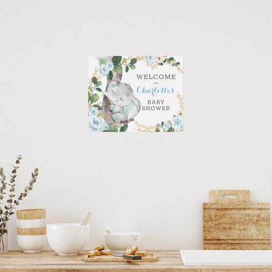 Blue Gold Greenery Elephant Wild One Baby Welcome Poster (Keuken)