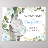Blue Gold Greenery Elephant Wild One Baby Welcome Poster (Voorkant)
