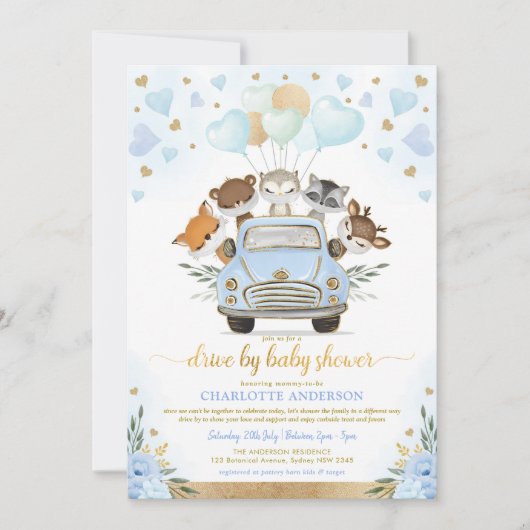Blue Gold Greenery Woodland drive by Baby shower Kaart (Voorkant)
