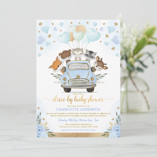 Blue Gold Greenery Woodland drive by Baby shower Kaart (Staand voorkant)