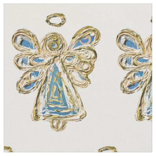 Blue Gold Guardian Angel Art Fabric Material Stof (Close Up)