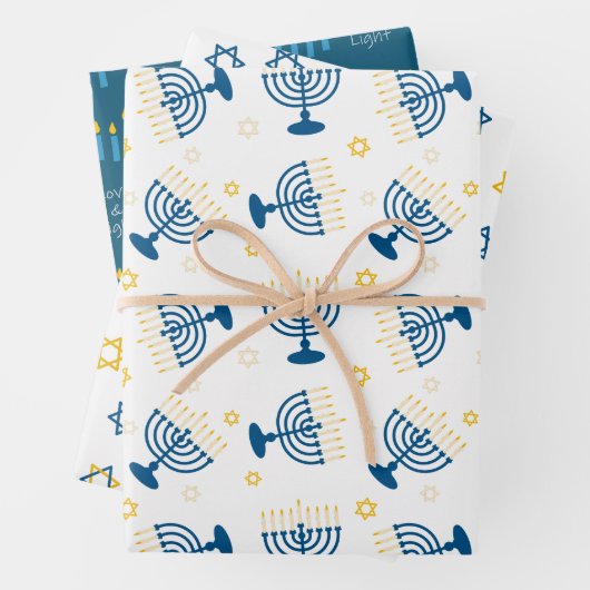 Blue & Gold Hanukkah Menorah Star of David Pattern Inpakpapier Vel (In situ)