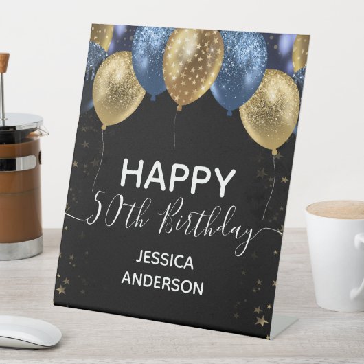 Blue Gold Happy 50th Birthday Reclamebord Met Voetstuk (Insitu)