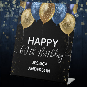 Blue Gold Happy 60th Birthday Pedestal Sign Reclamebord Met Voetstuk