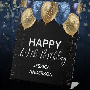 Blue Gold Happy Birthday Reclamebord Met Voetstuk