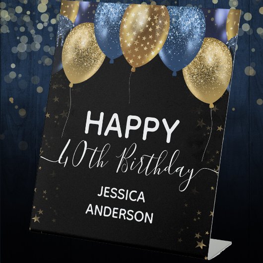 Blue Gold Happy Birthday Reclamebord Met Voetstuk