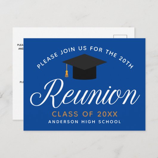 Blue Gold High School Reunion Custom Party Invitat Briefkaart (Voorkant / Achterkant)