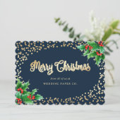Blue Gold Holly Berries Business KerstKaarten Feestdagenkaart (Staand voorkant)