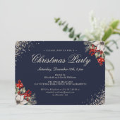 Blue Gold Holly Berries Christmas Holiday Party Kaart (Staand voorkant)