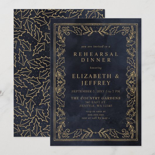 Blue Gold Holly-kerstrepetitie diner Kaart (Voorkant / Achterkant)