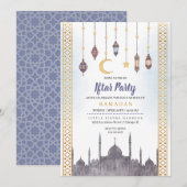 Blue Gold Iftar Party Ramadan Dinner Invitation Save The Date (Voorkant / Achterkant)