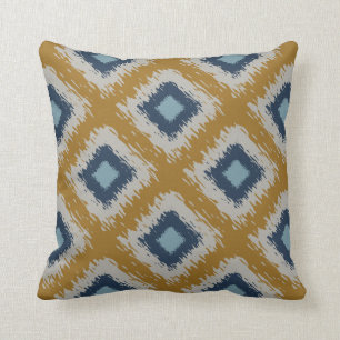 Blue Gold Ikat Pattern Tribal Diamond Editable Kussen