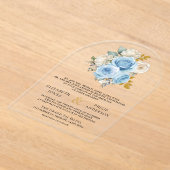 Blue Gold Ivory Floral Roses Wedding Acryl Uitnodigingen (Laagn)