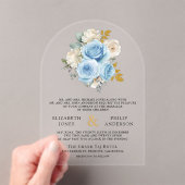 Blue Gold Ivory Floral Roses Wedding Acryl Uitnodigingen (Insitu (Draagbaar))