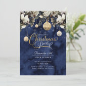 Blue Gold Ivory Flowers kerstparty Kaart (Staand voorkant)
