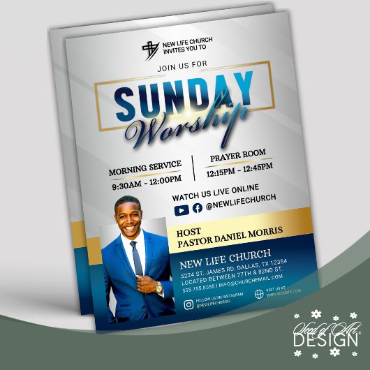 Blue & Gold Join us for Sunday Worship Church Flyer