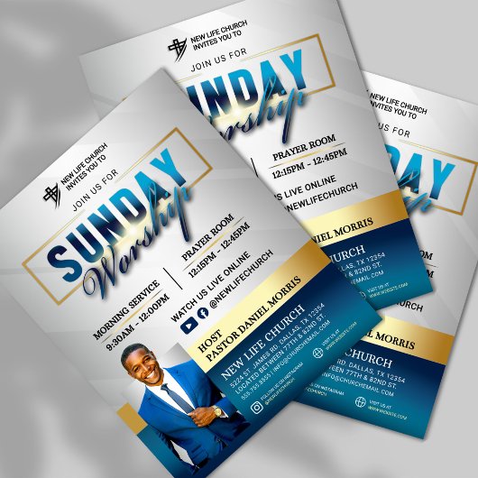 Blue & Gold Join us for Sunday Worship Church Flyer