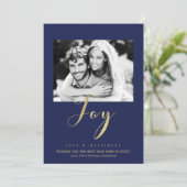 Blue & Gold JOY Vakantie Nieuw Jaar Foto uitnodigi Kaart (Staand voorkant)