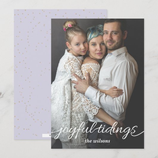 Blue Gold Joyful Tidings Script Aangepaste foto Feestdagenkaart (Voorkant / Achterkant)