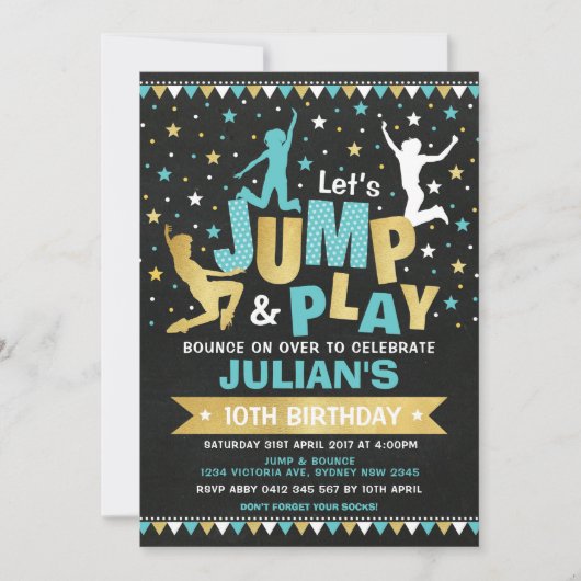 Blue Gold Jump & Bounce Trampoline Verjaardagsfees Kaart (Voorkant)