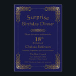 Blue Gold Lace Surprise 18th Birthday Dinner Kaart<br><div class="desc">Een elegant aanpasbaar blauw met gouden  kant verrast de 18e verjaardag van het diner.</div>