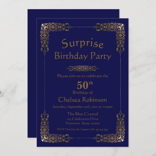 Blue Gold Lace Surprise - Uitnodiging op 50e verja (Voorkant / Achterkant)