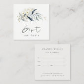 Blue Gold Leafy Botanical Floral Gift Certificate Vierkante Visitekaartje (Voorkant / Achterkant)
