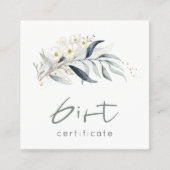 Blue Gold Leafy Botanical Floral Gift Certificate Vierkante Visitekaartje (Voorkant)