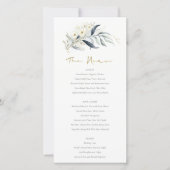 Blue Gold Leafy Botanical Floral Wedding Menu Card (Voorkant)