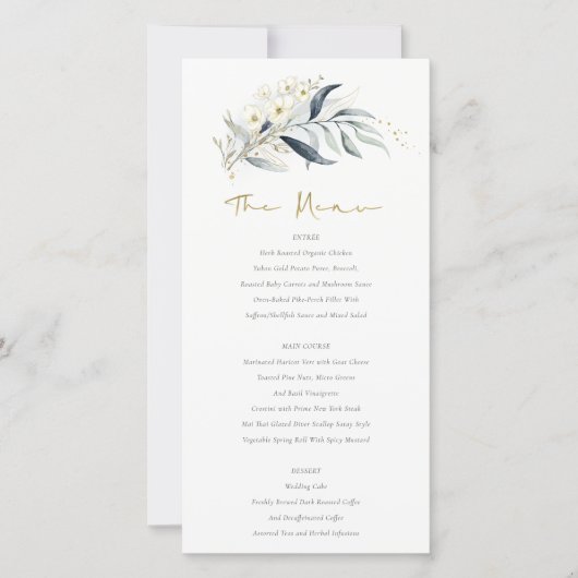 Blue Gold Leafy Botanical Floral Wedding Menu Card (Voorkant)