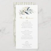 Blue Gold Leafy Botanical Floral Wedding Menu Card (Voorkant / Achterkant)