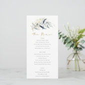 Blue Gold Leafy Botanical Floral Wedding Menu Card (Staand voorkant)