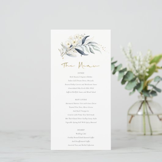 Blue Gold Leafy Botanical Floral Wedding Menu Card (Staand voorkant)