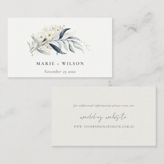 Blue Gold Leafy Botanical Floral Wedding Website Informatiekaartje (Voorkant / Achterkant)