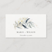 Blue Gold Leafy Botanical Floral Wedding Website Informatiekaartje (Voorkant)