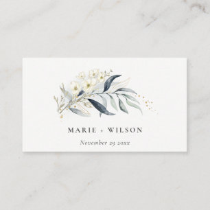 Blue Gold Leafy Botanical Floral Wedding Website Informatiekaartje