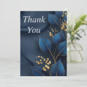 Blue & Gold Leaves on Navy Blue Thank You Card Kaart (Staand voorkant)
