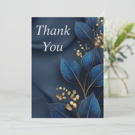 Blue & Gold Leaves on Navy Blue Thank You Card Kaart (Staand voorkant)