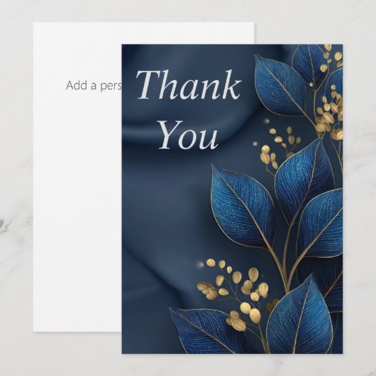 Blue & Gold Leaves on Navy Blue Thank You Card Kaart (Voorkant / Achterkant)